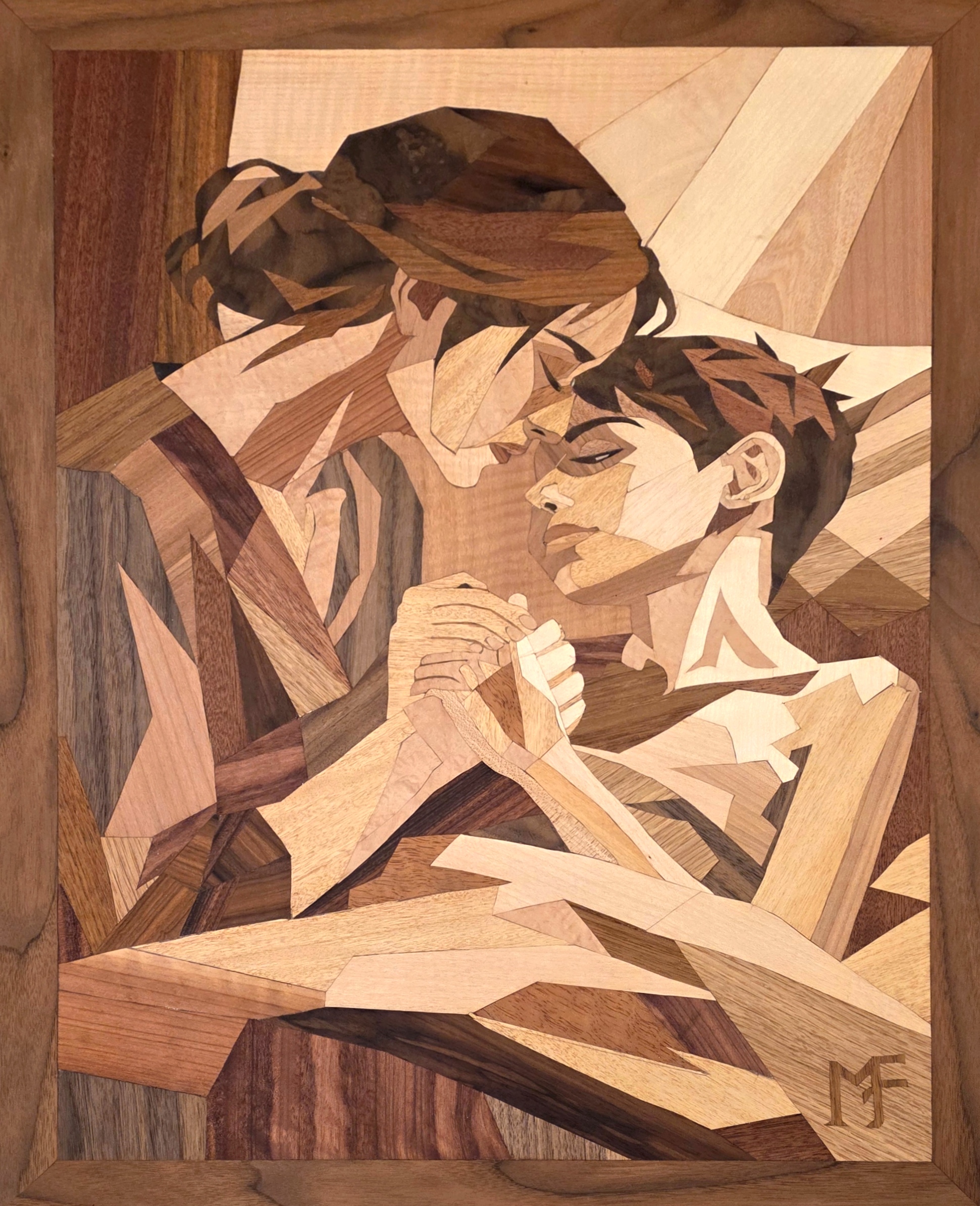 Between Us: marquetry wood-veneer composition of a mother and child holding hands in a quiet intimate moment