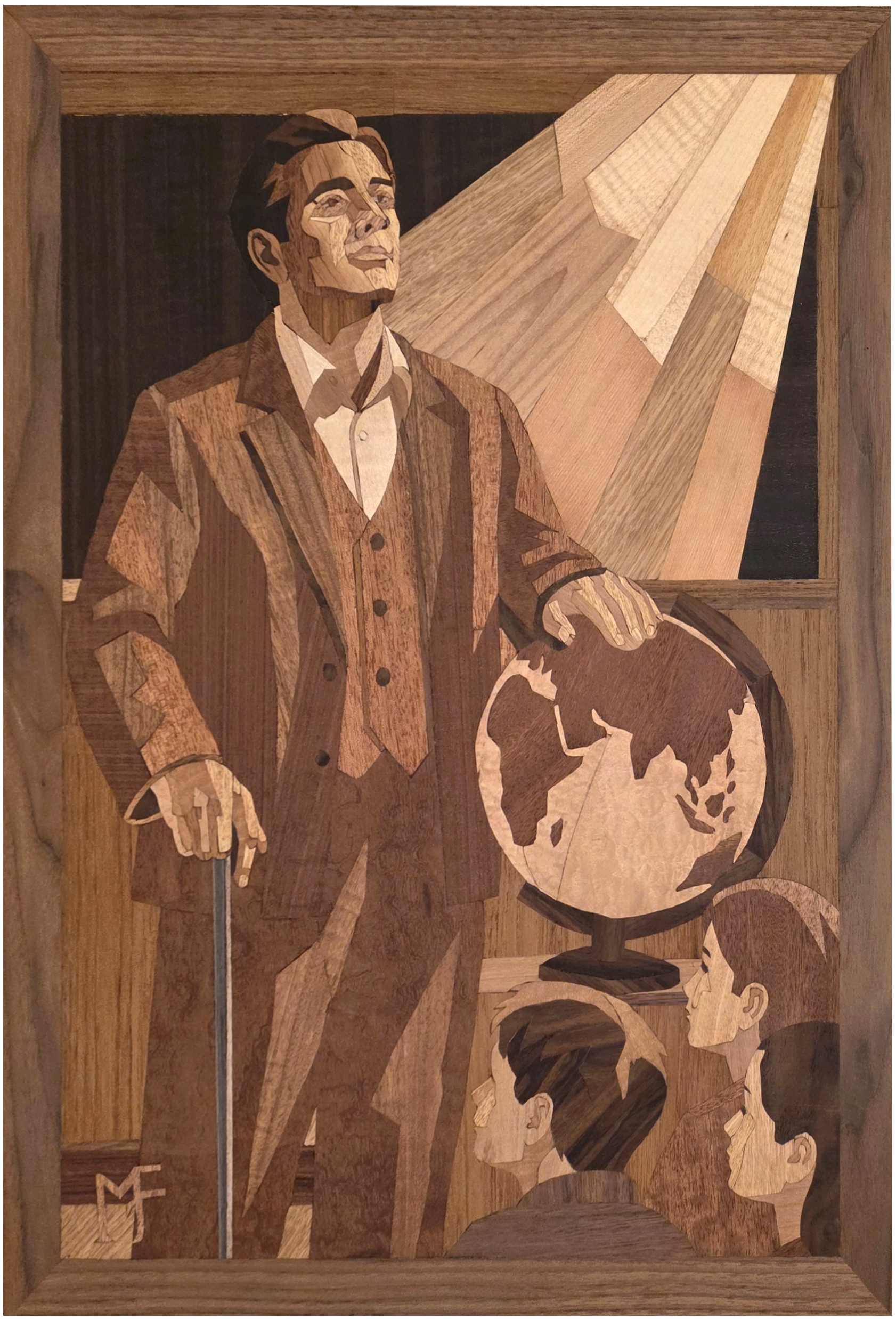 Blind Teacher: marquetry portrait of a teacher standing before his students, illuminated by symbolic rays of light