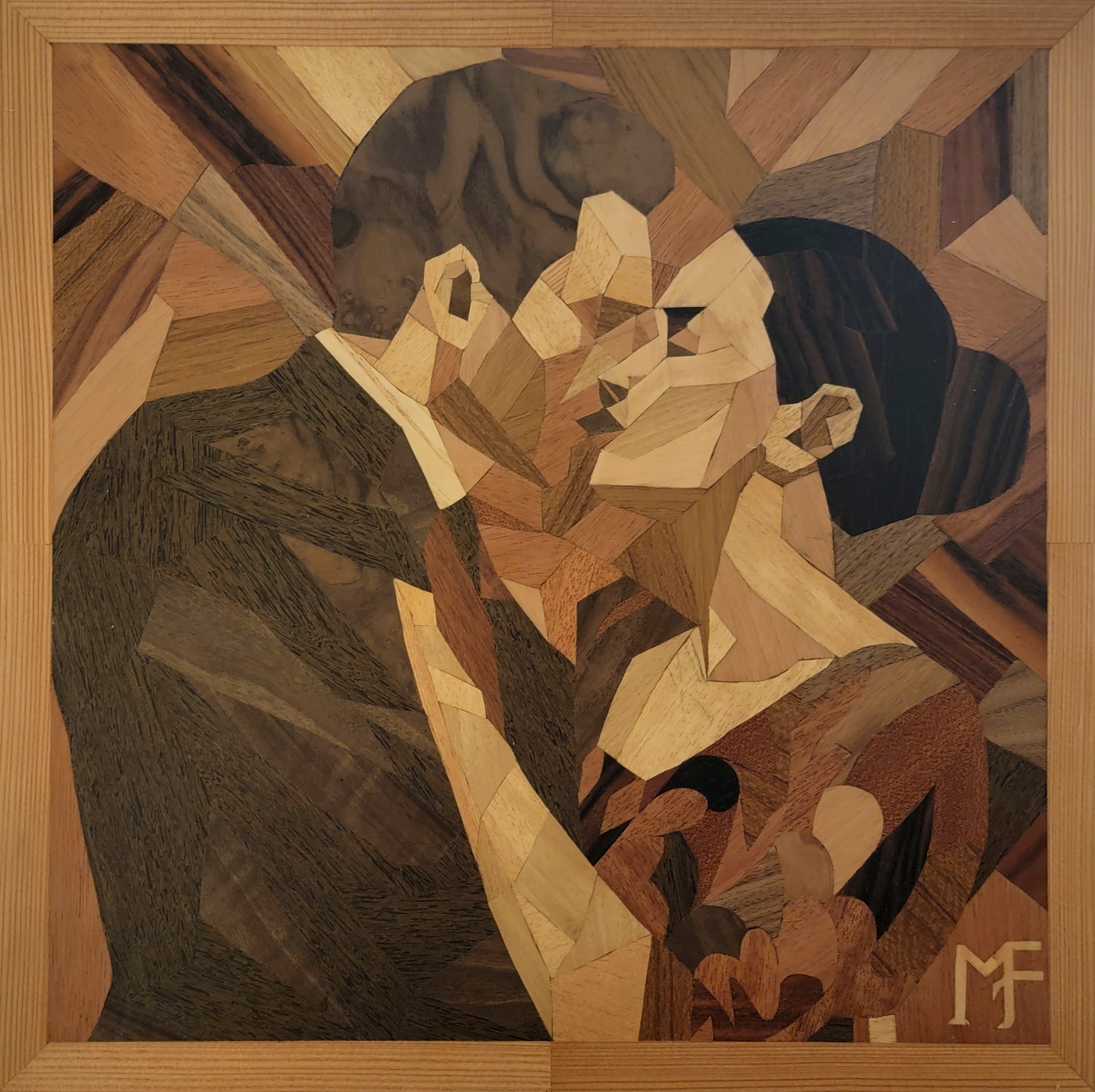 Panel VI — Dancers: stylized wood veneer figures in motion