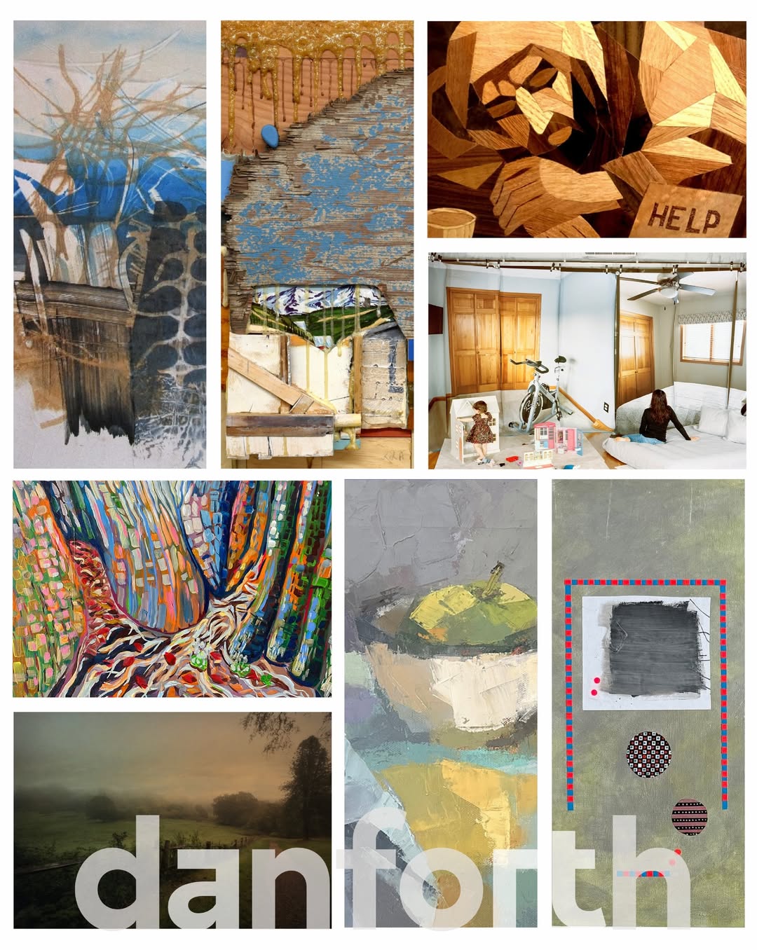 Danforth Annual Juried Exhibition 2026 promotional collage including Michael Farro's marquetry work Unseen