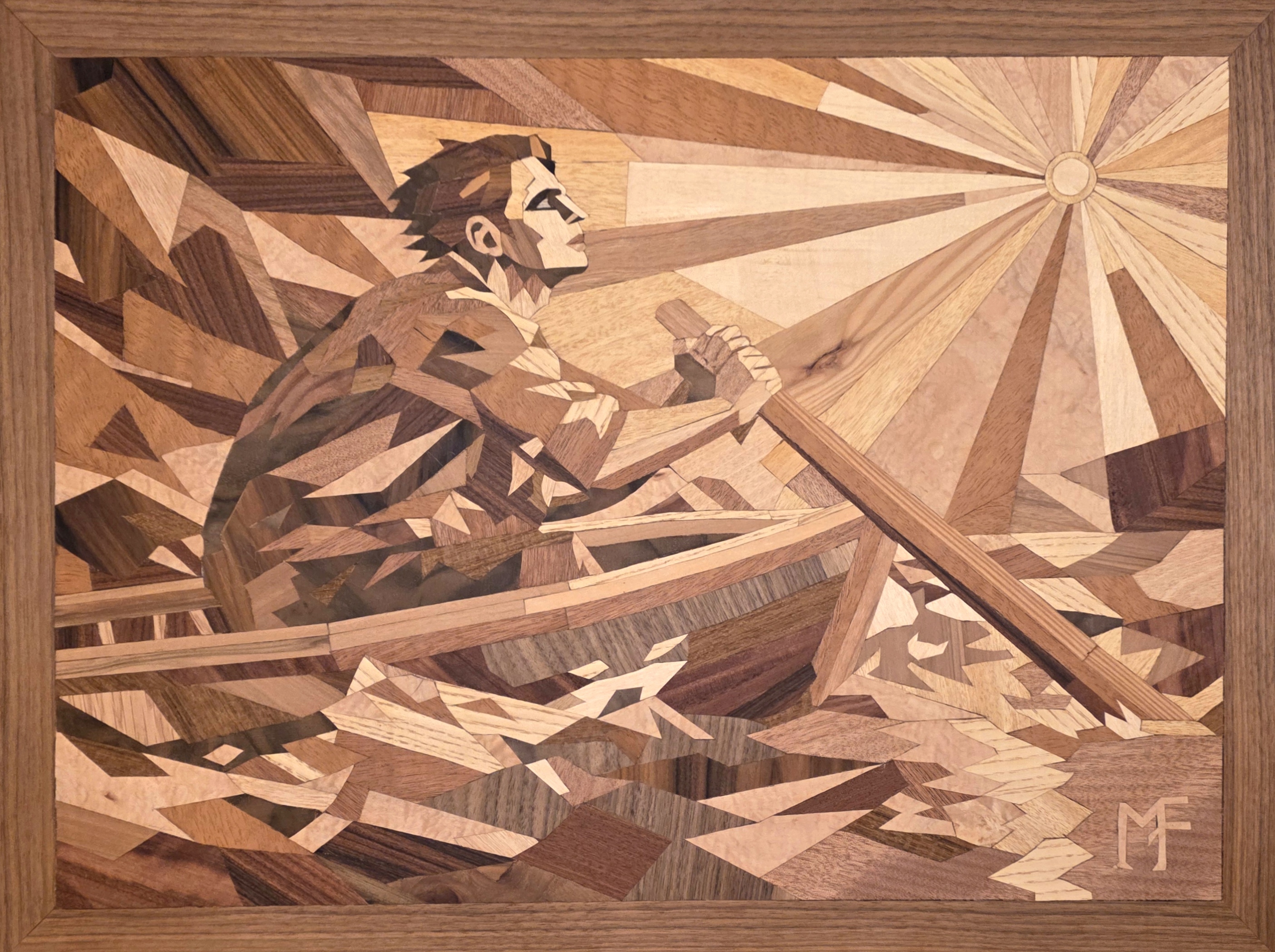 Still Rowing: marquetry wood-veneer composition of a solitary rower moving through fractured water toward a radiant sun